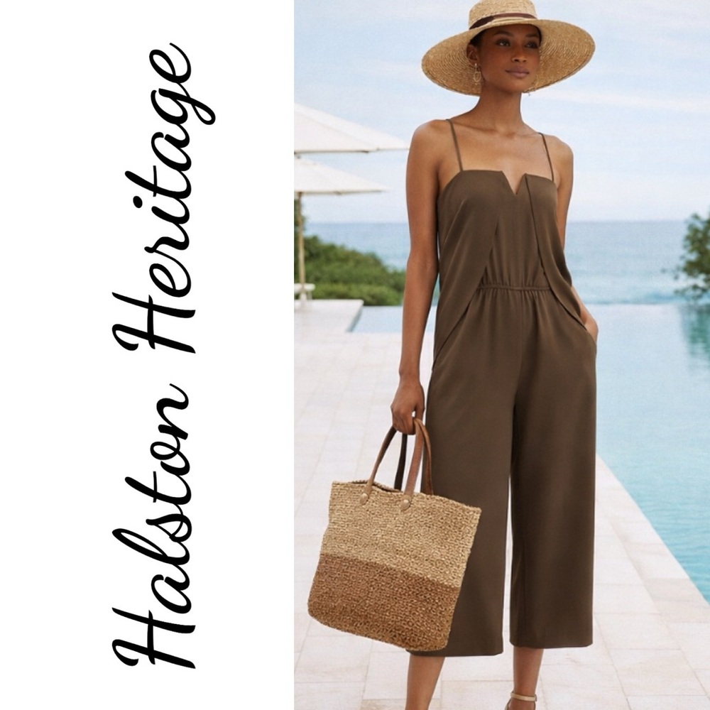 Halston Heritage Olive Green Wide Leg Culotte Jumpsuit Quiet Luxury Resort, XS